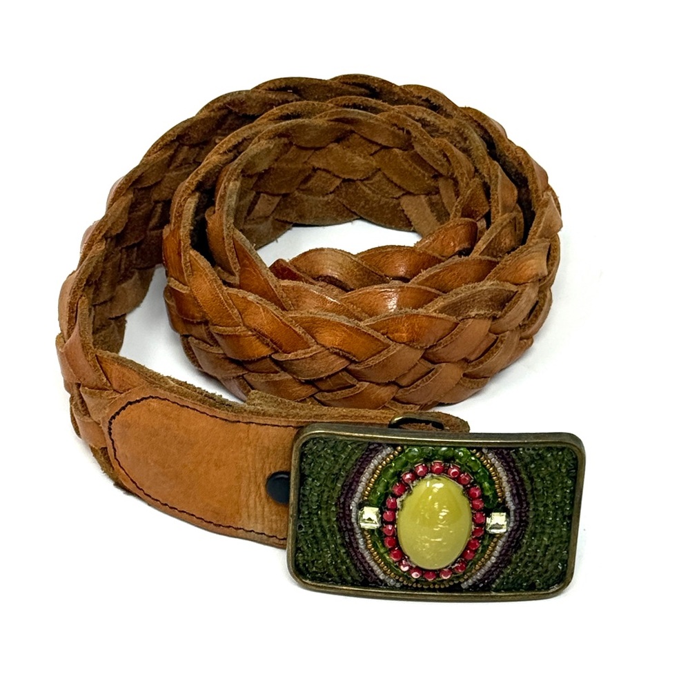 Below the Belt Y2K statement woven real leather belt beaded jeweled brown green